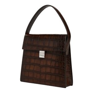 Furla Vintage Croc Embossed Leather Shoulder Bag Brown Made in Italy